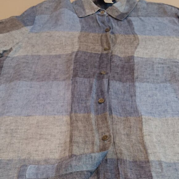 VTG Doncaster Blouse Women's 14 100% Linen Blue Plaid Button Down Sheer Top - Picture 6 of 11